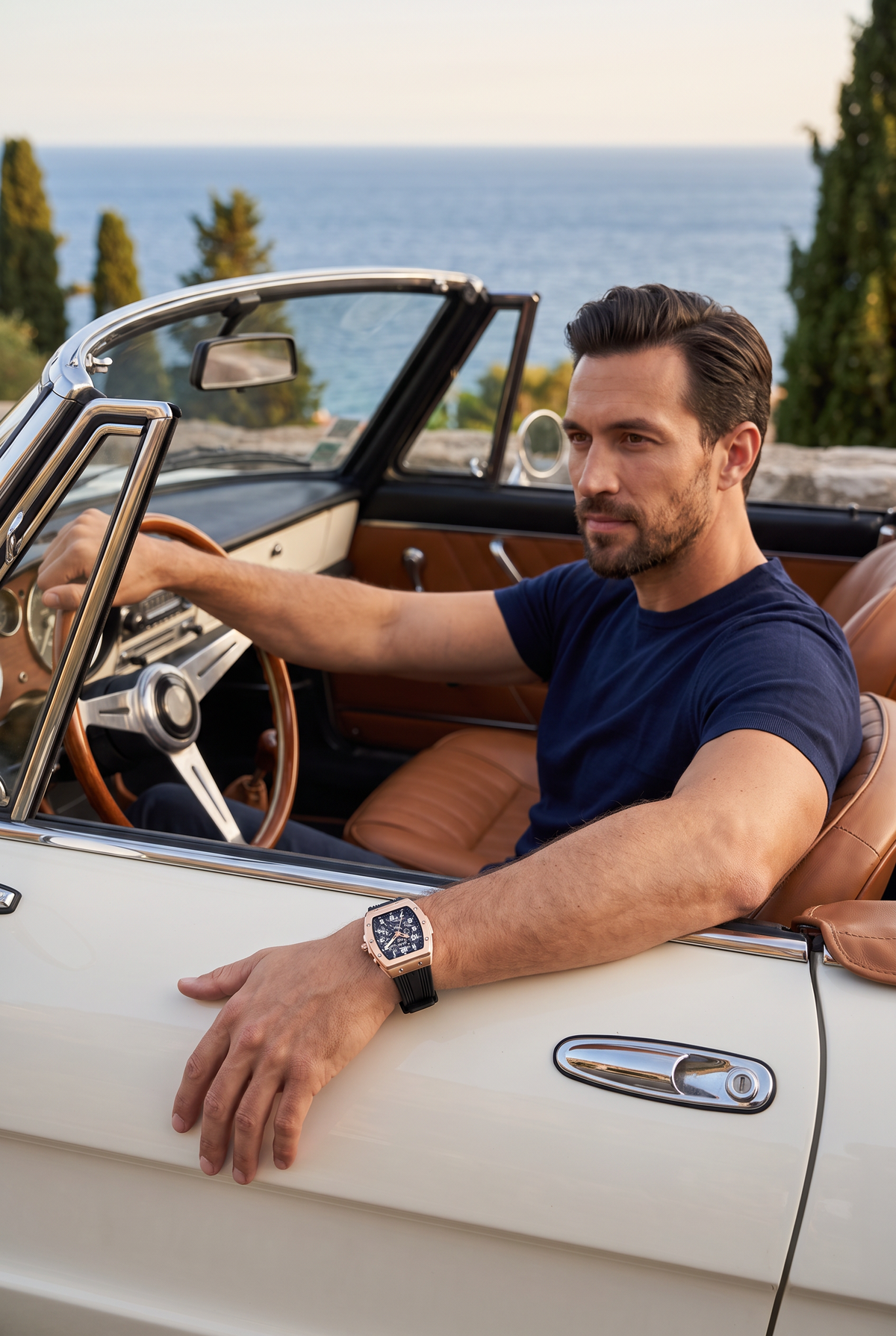 Astos Millionaire Rosé Gold lifestyle, in een klassieke oldtimer aan de Rivièra