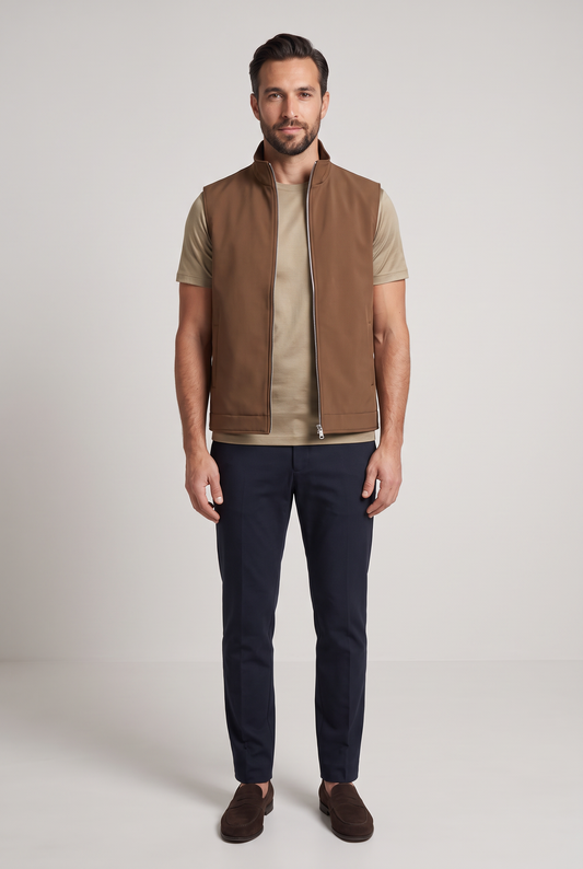 Tweezijdige bodywarmer bruin - volledige look op model, studio