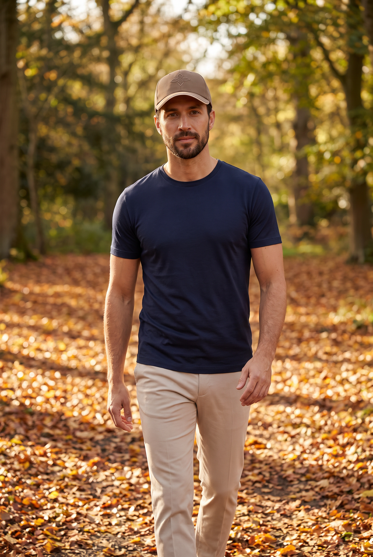 Baseball cap bruin, lifestyle in een herfstig landgoedbos