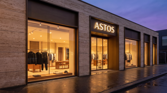 De gevel van de ASTOS flagship store in Almere bij avondlicht