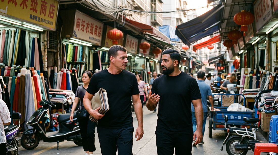 Tony en Karwan lopen door de textielstraat van Guangzhou
