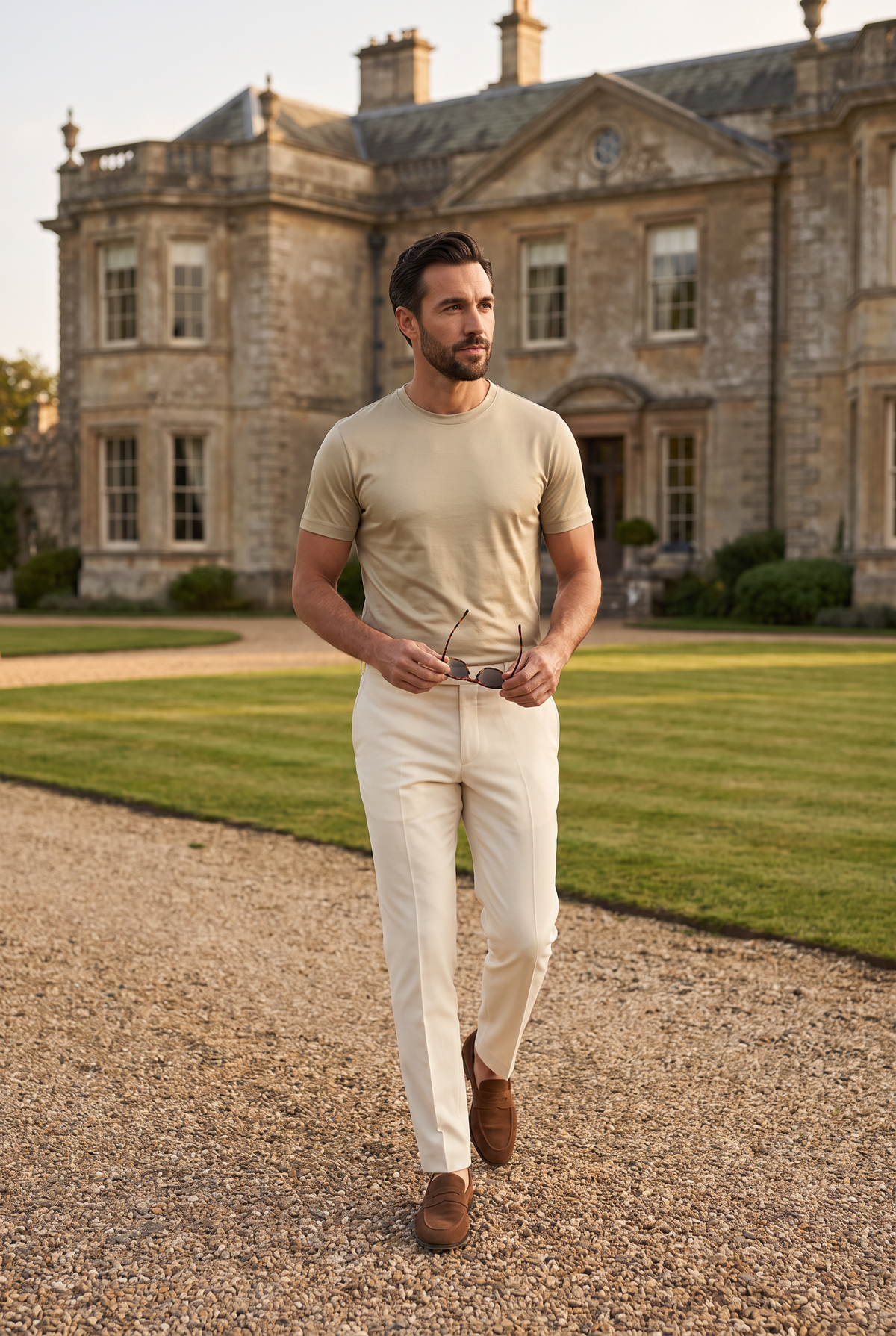 Premium glans shirt beige, lifestyle voor een landhuis