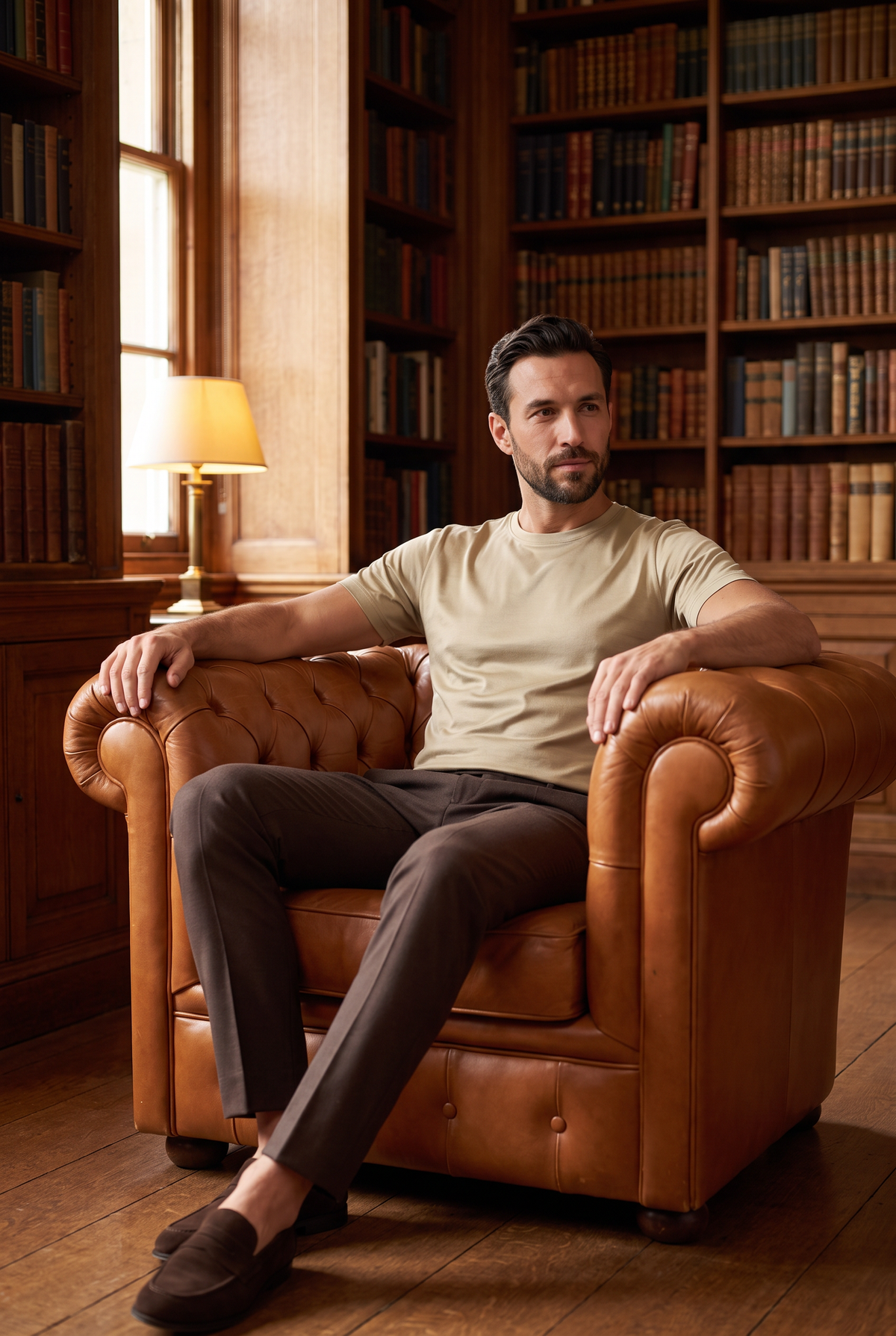 Premium glans shirt beige, lifestyle in een bibliotheek