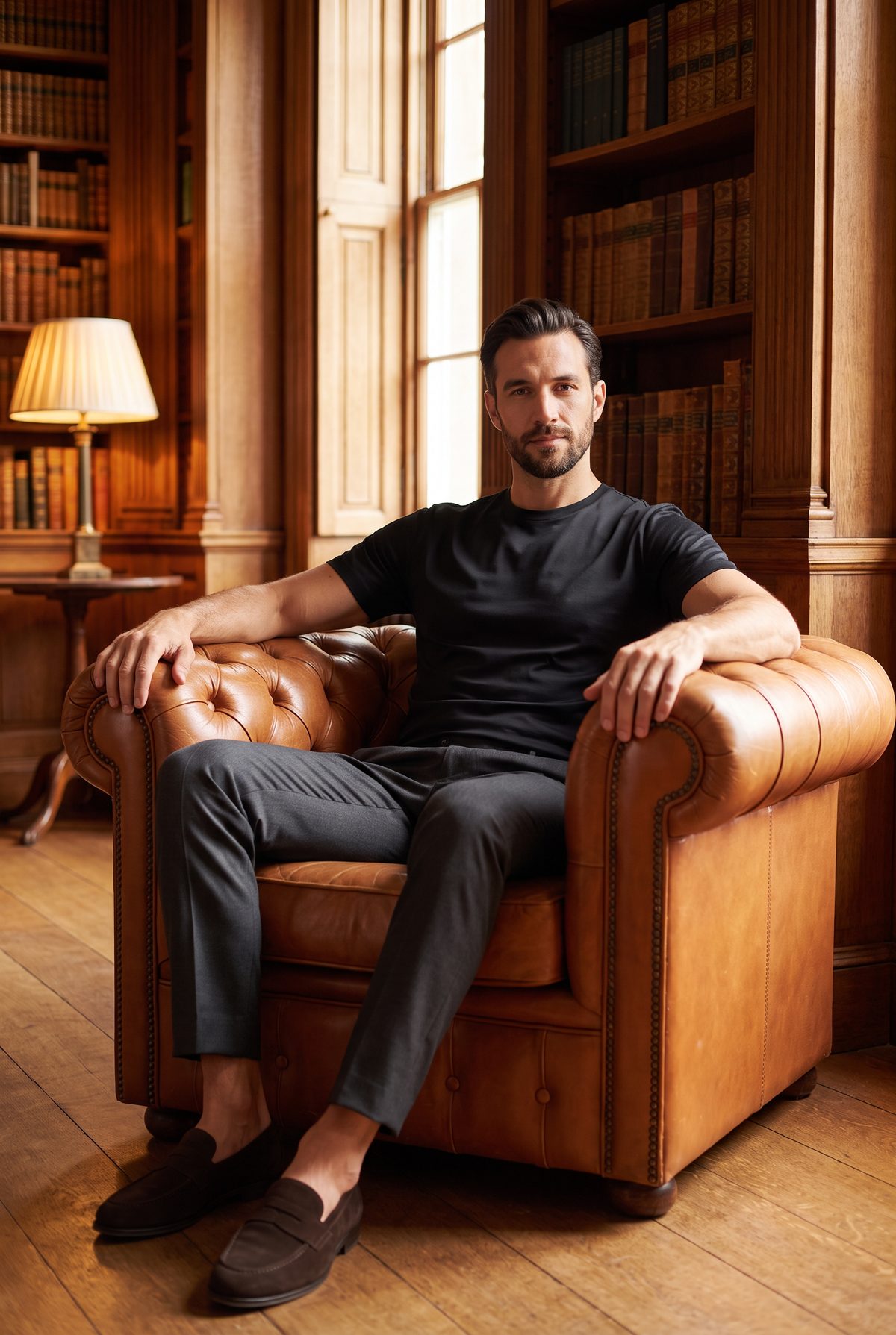 Premium glans shirt zwart, lifestyle in een bibliotheek