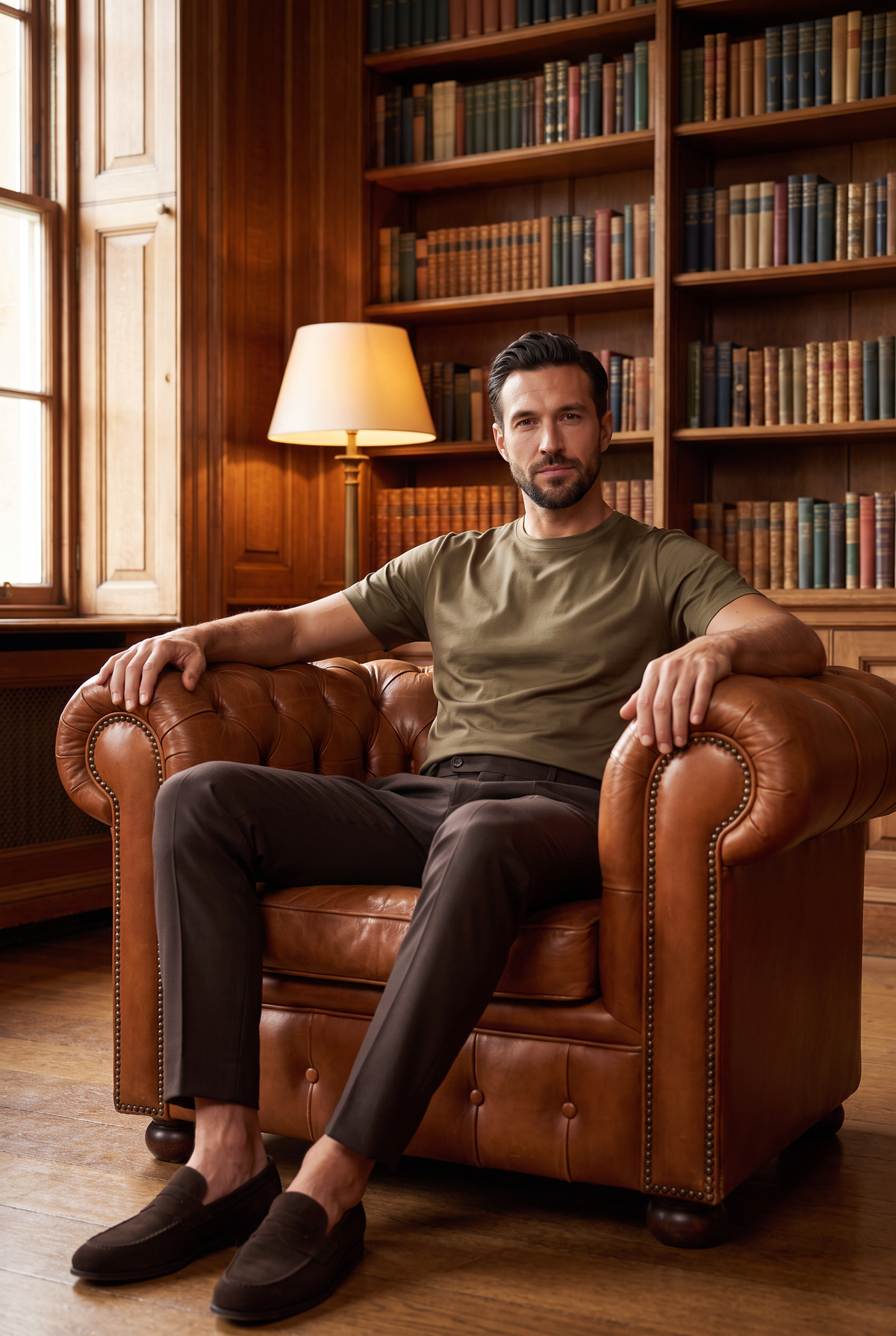 Premium glans shirt bruin, lifestyle in een bibliotheek