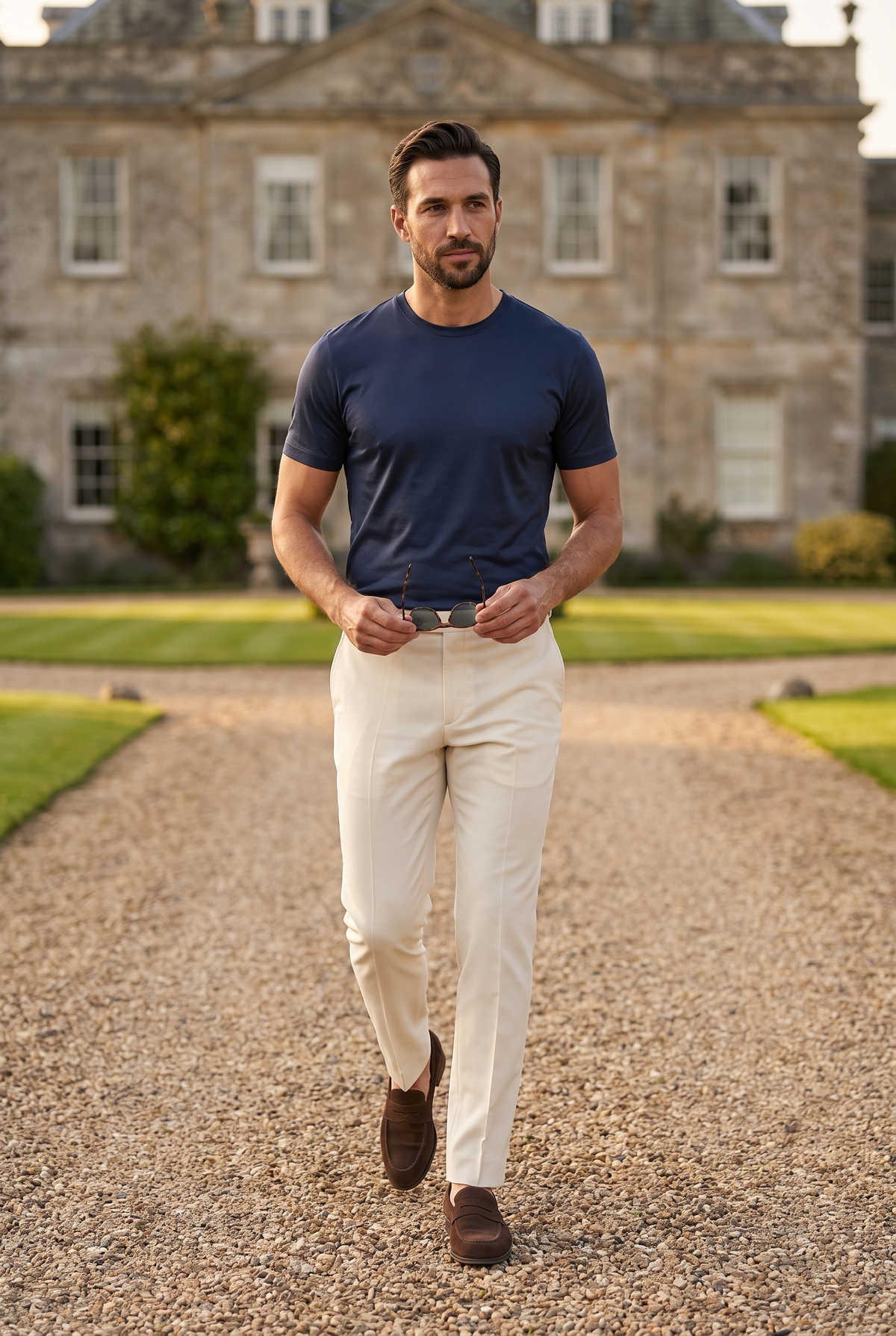 Premium glans shirt navy, lifestyle voor een landhuis