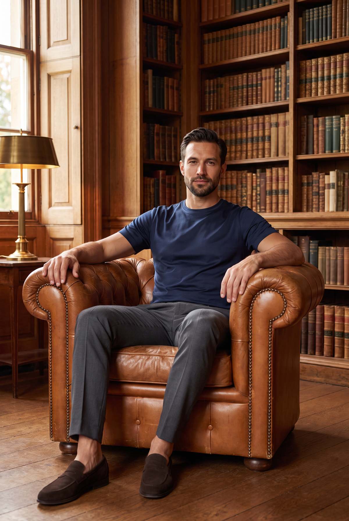 Premium glans shirt navy, lifestyle in een bibliotheek
