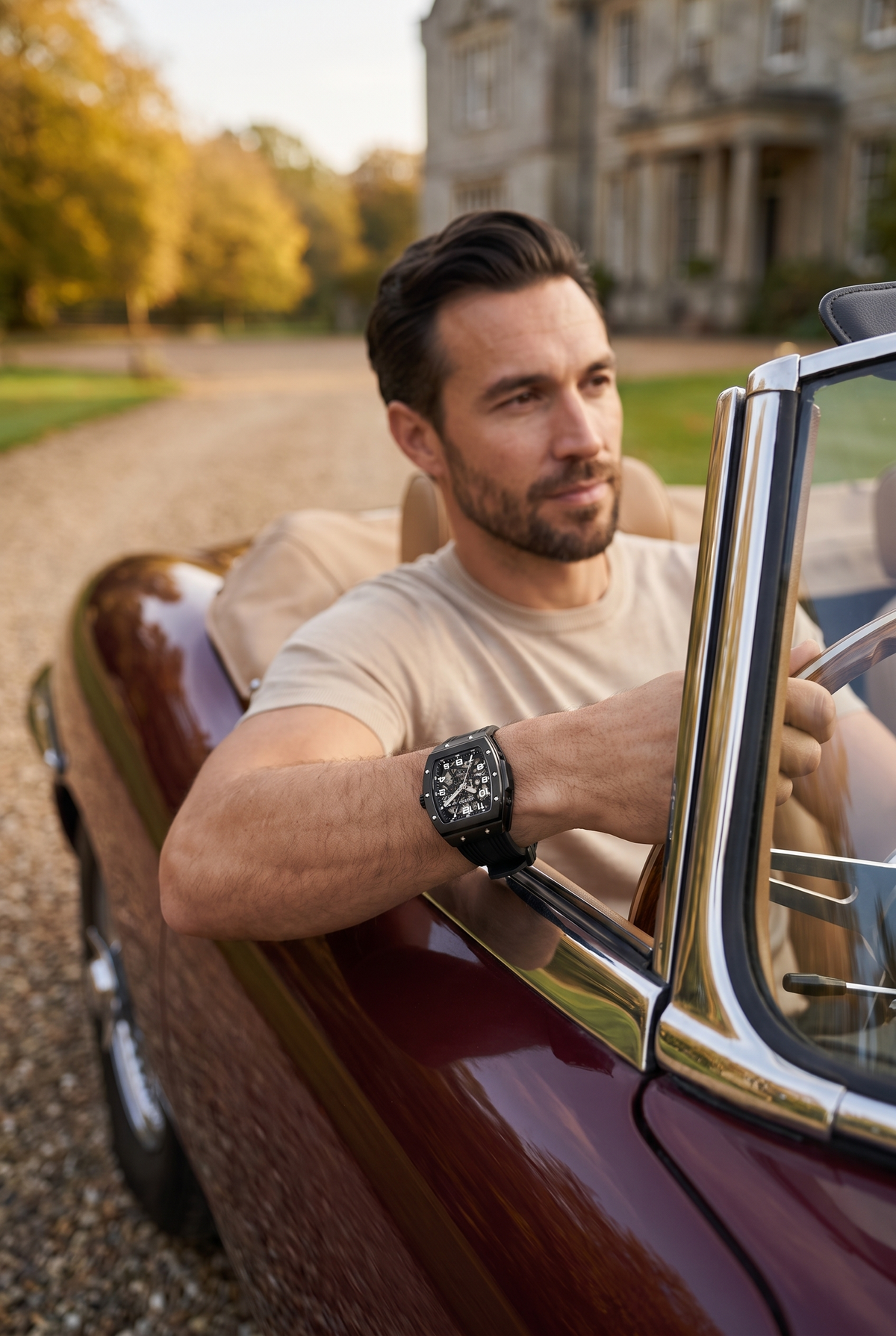 Astos Millionaire Black lifestyle, aan het stuur van een klassieke oldtimer op een landgoed