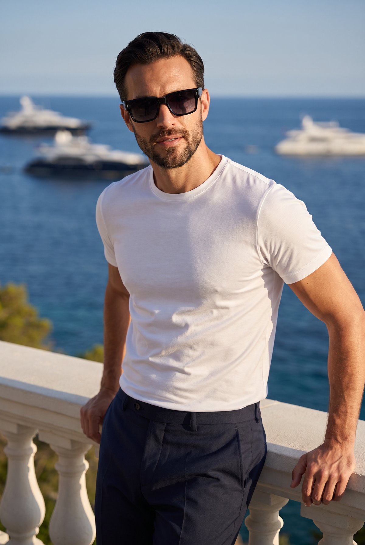 Marbella Bold zonnebril zwart montuur met grijze glazen - lifestyle Rivièra terras