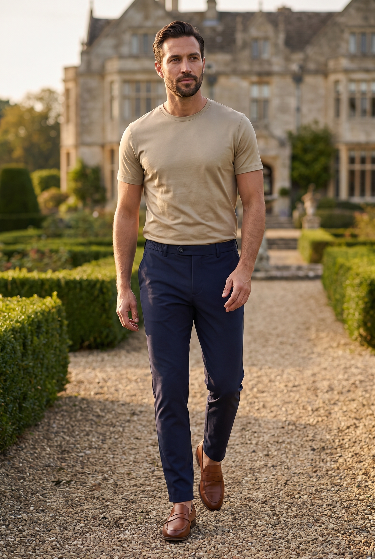 Premium pantalon navy - lifestyle in de tuinen van een landgoed