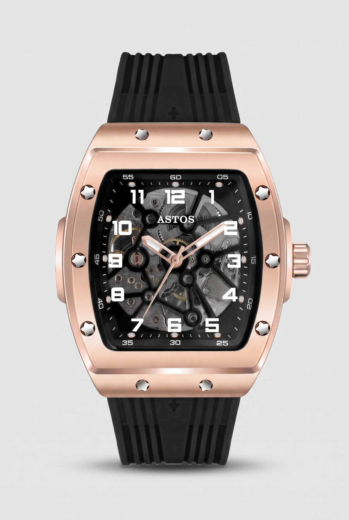Astos Millionaire Rosé Gold horloge, roségouden tonneau-kast met skeleton wijzerplaat en zwarte rubberen band, vooraanzicht
