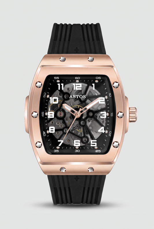 Astos Millionaire Rosé Gold horloge, roségouden tonneau-kast met skeleton wijzerplaat en zwarte rubberen band, vooraanzicht