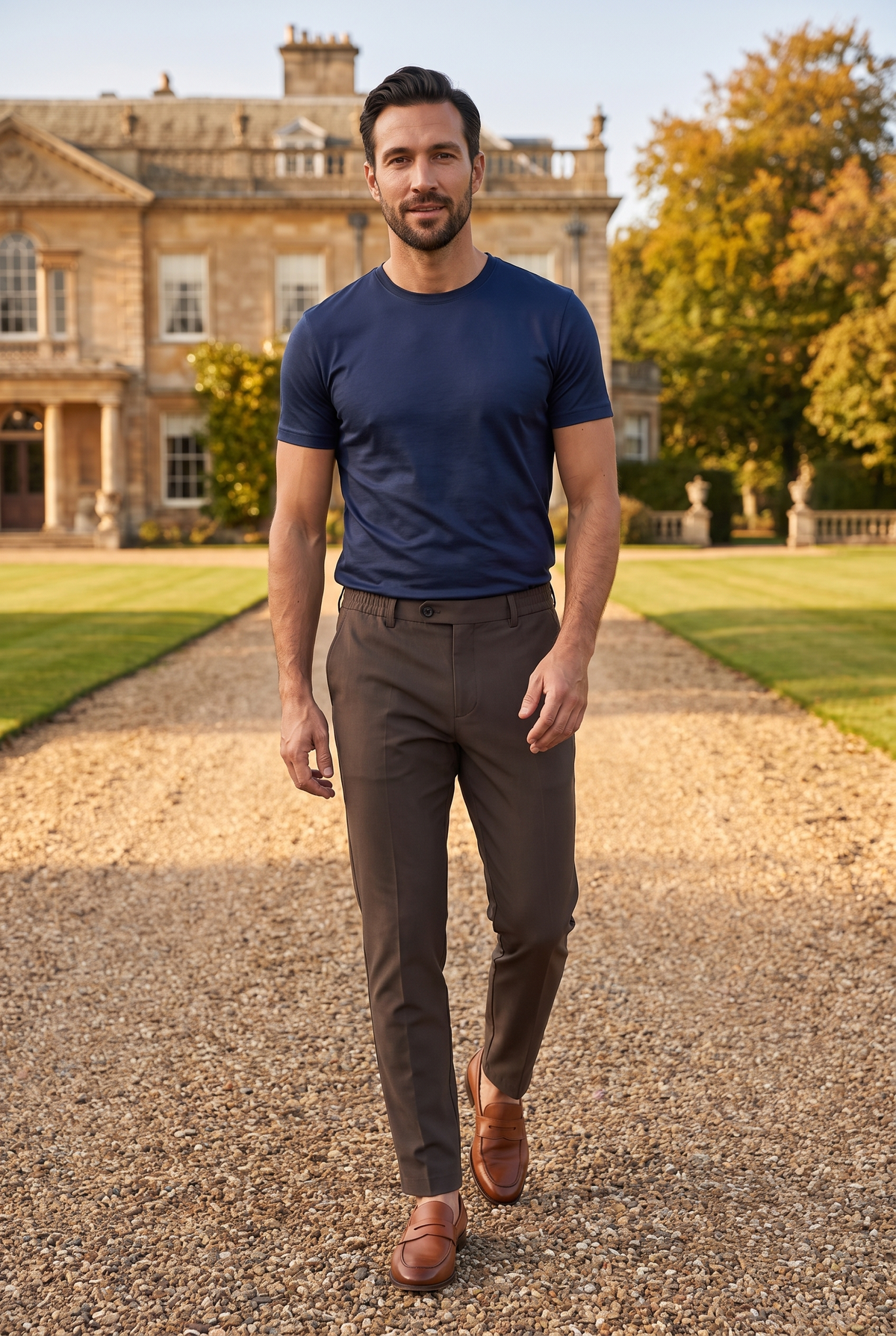 Premium pantalon bruin - lifestyle bij landhuis