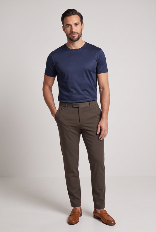Premium pantalon bruin - vooraanzicht op model, studio