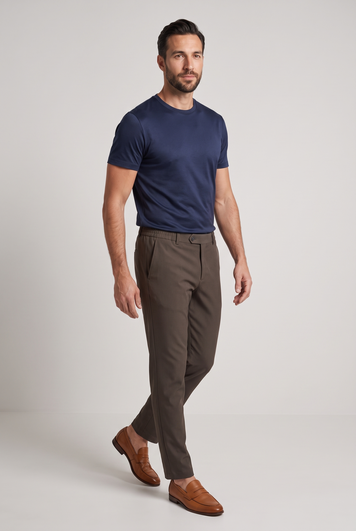 Premium pantalon bruin - zijaanzicht in beweging, studio