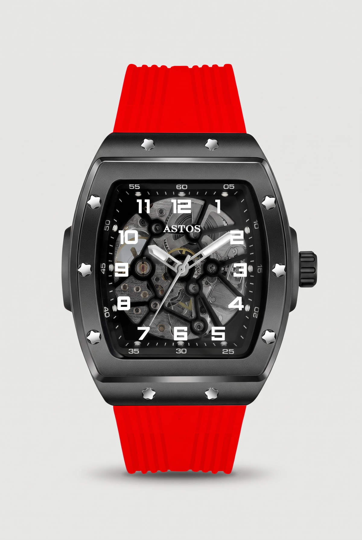 Millionaire horloge zwart met rode band - vooraanzicht packshot op lichtgrijze achtergrond