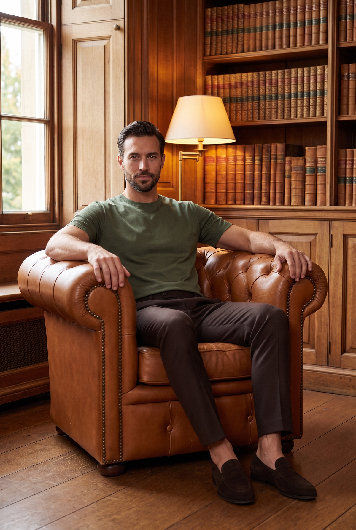 Premium glans shirt groen, lifestyle in een bibliotheek