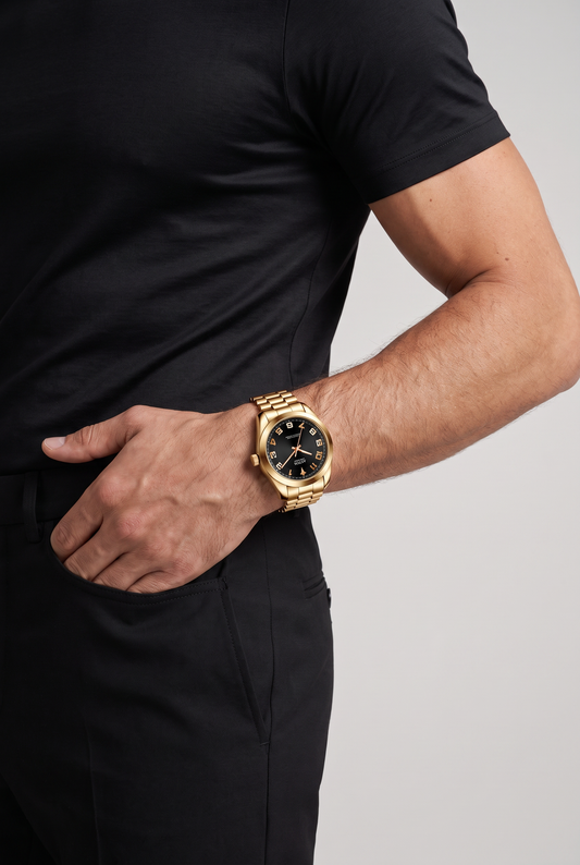 Angel Deluxe Edition goud met zwarte wijzerplaat - om de pols van model met zwart shirt