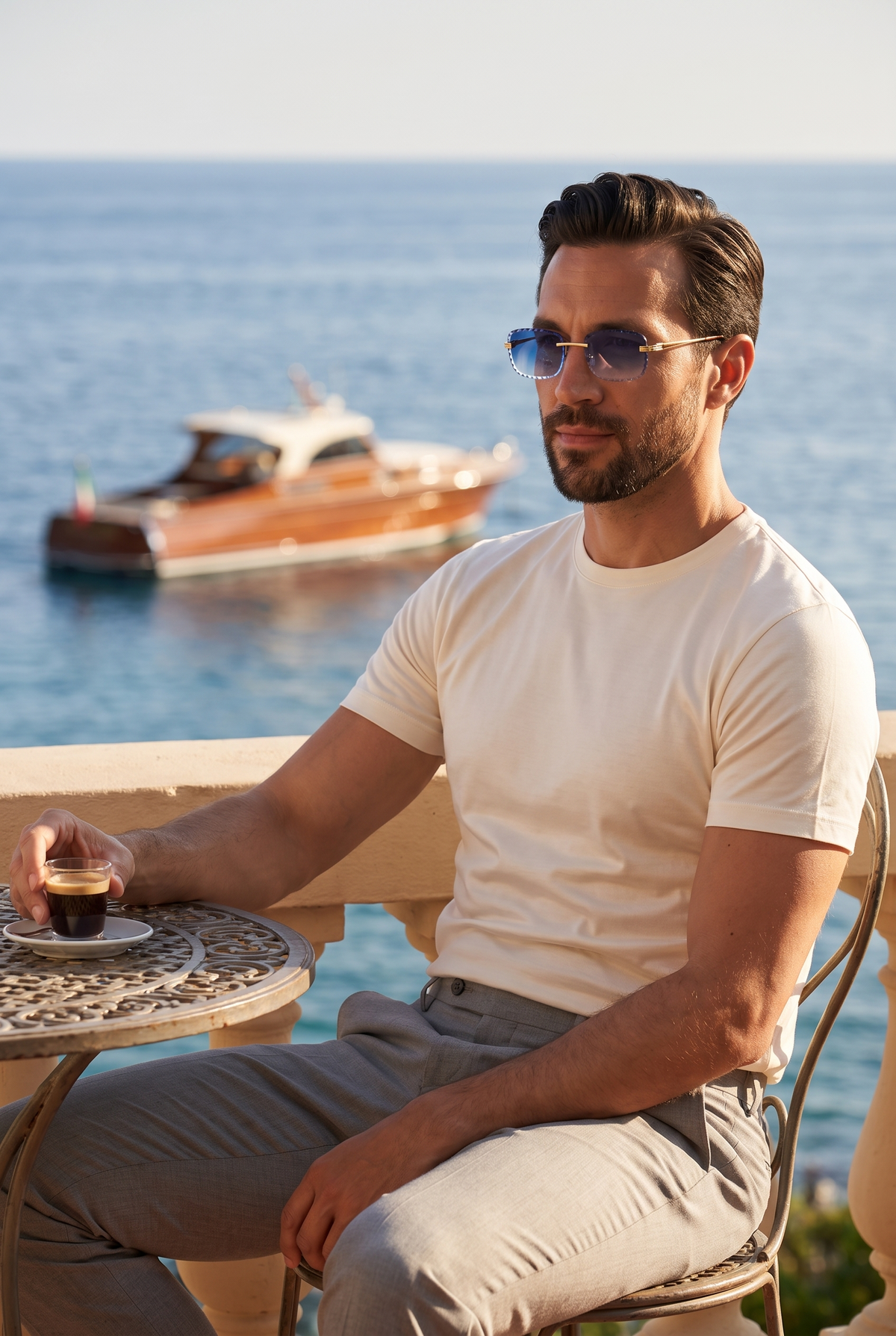Eyewear Premium Diamond Cut zonnebril blauw - lifestyle op Rivièra-terras