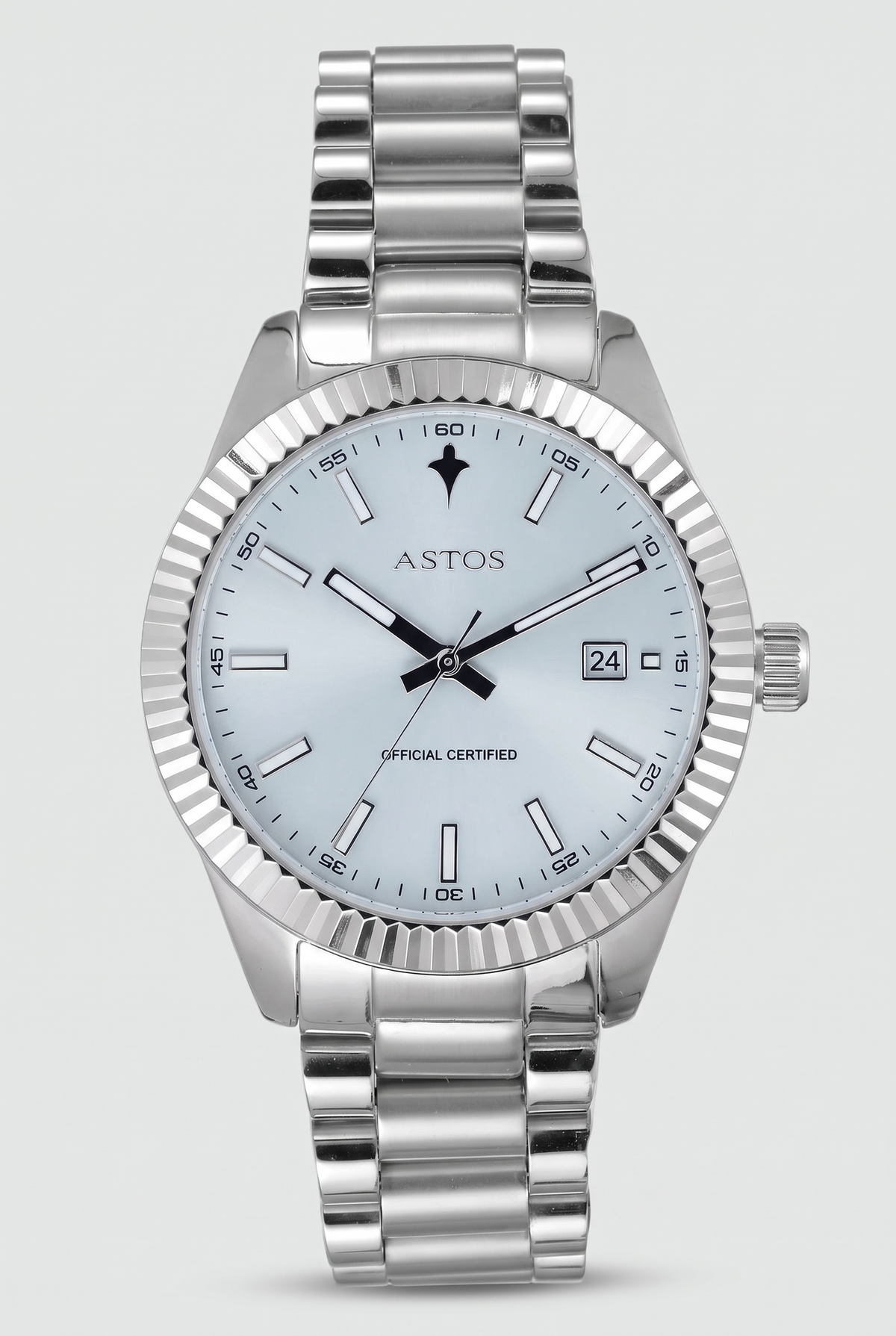 Astos Presidential Edition Platinum horloge, ijsblauwe wijzerplaat met gekartelde bezel en stalen schakelband, vooraanzicht