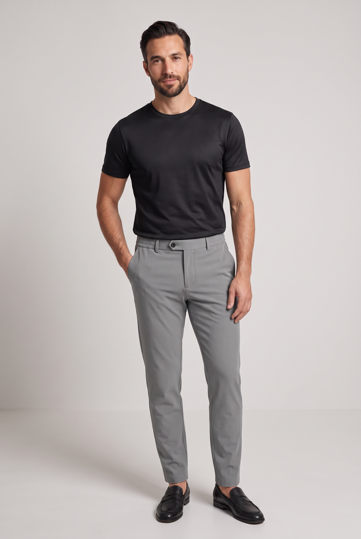 Premium pantalon grijs - vooraanzicht op model, studio