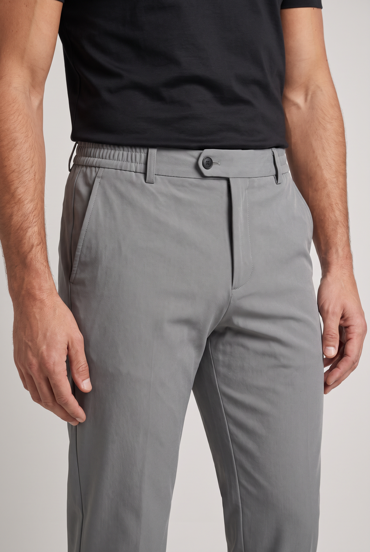 Premium pantalon grijs - detail tailleband en stof