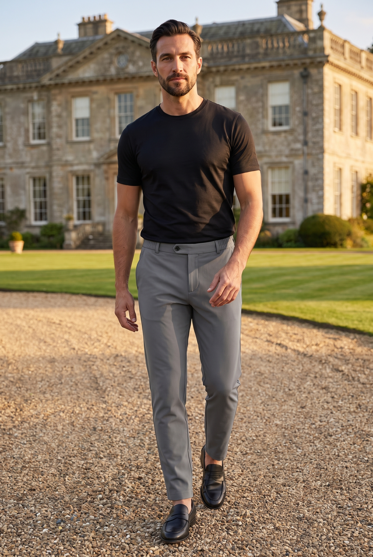 Premium pantalon grijs - lifestyle bij landhuis