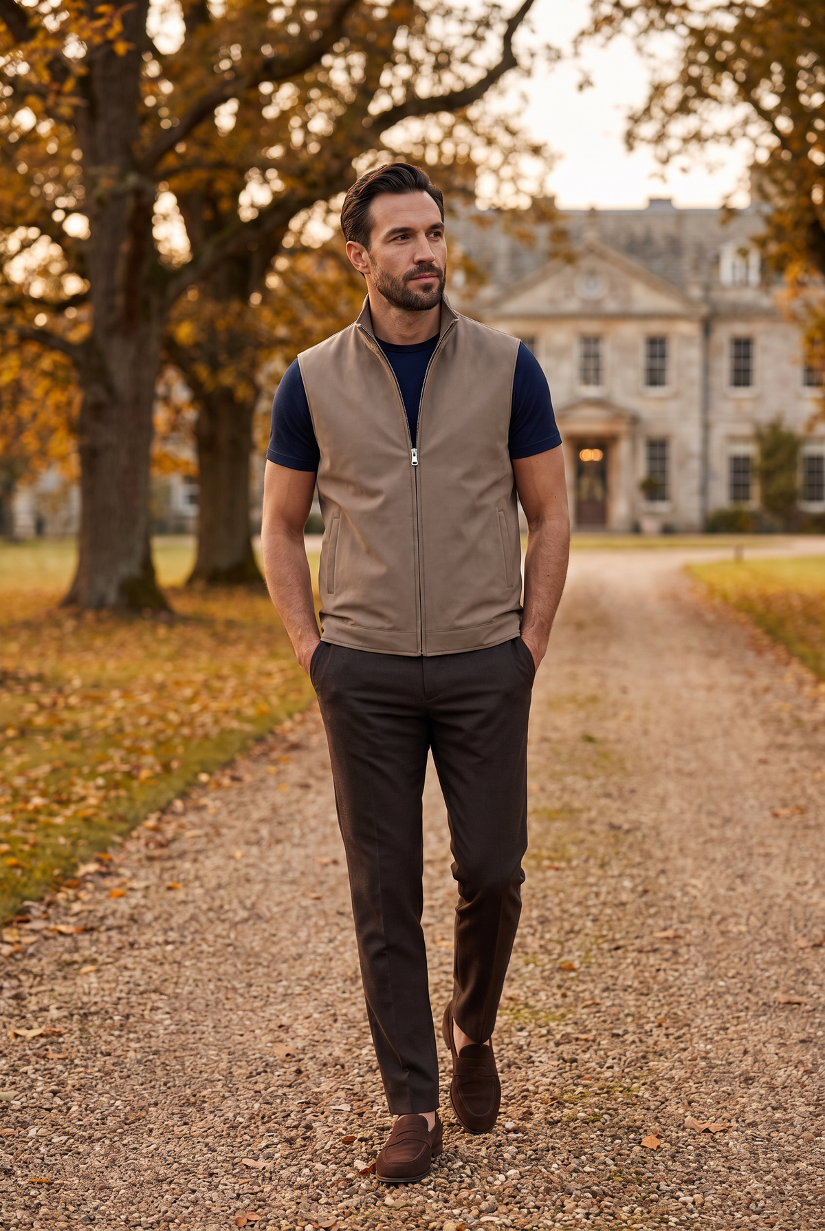 Tweezijdige bodywarmer beige - lifestyle op herfstig landgoed