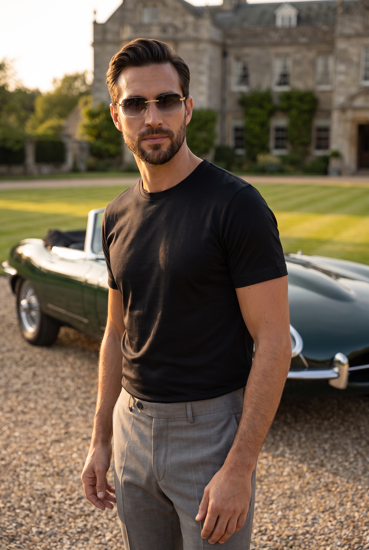 Eyewear Premium Diamond Cut zonnebril zwart - lifestyle bij oldtimer op landgoed