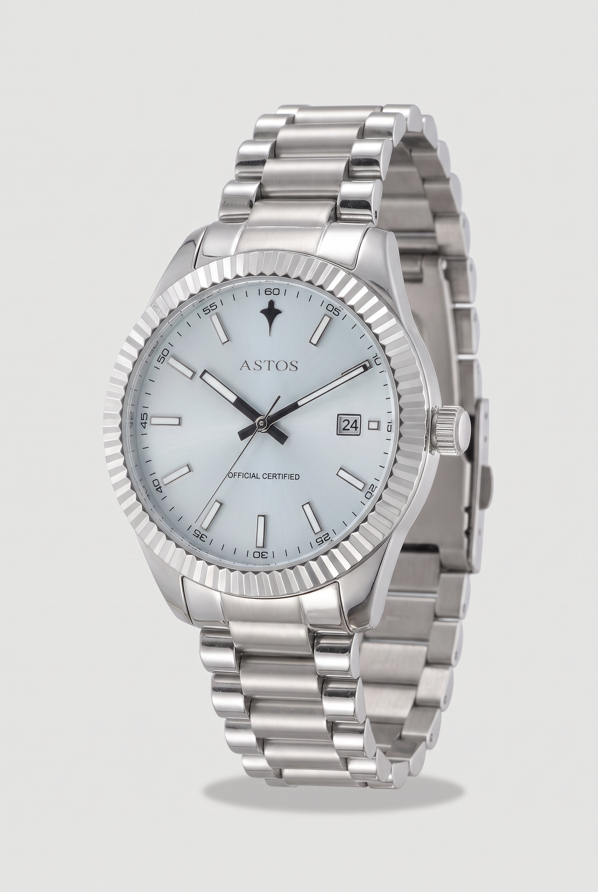 Astos Presidential Edition Platinum horloge, ijsblauw, driekwart zijaanzicht met kroon