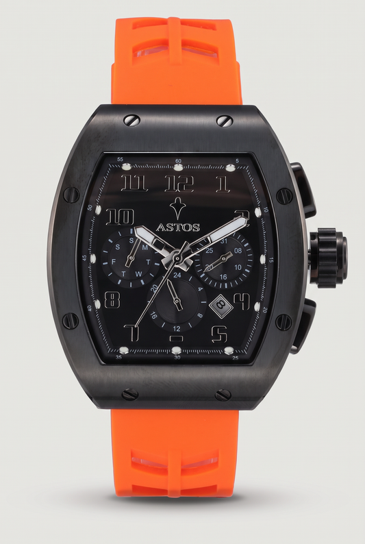Astos Millionaire 2.0 Black chronograaf met oranje rubberen band, zwarte tonneau-kast, vooraanzicht