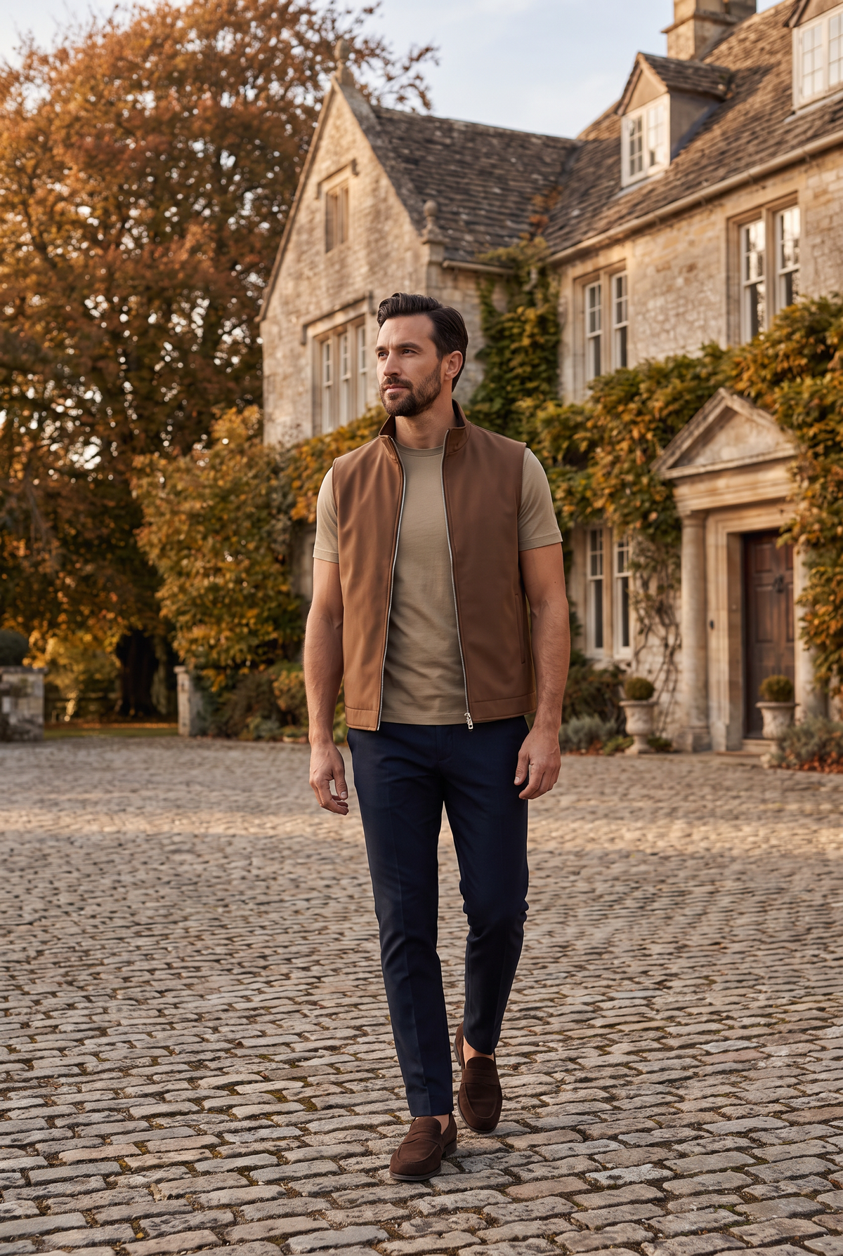 Tweezijdige bodywarmer bruin - lifestyle bij herfstig landhuis