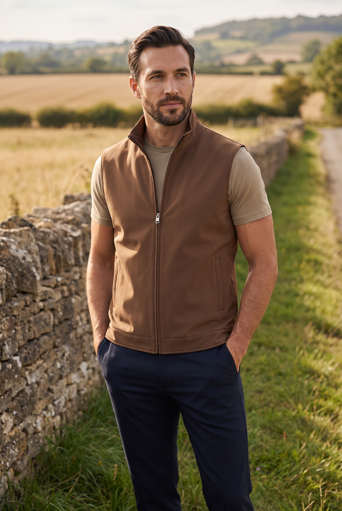 Tweezijdige bodywarmer bruin - lifestyle op het platteland