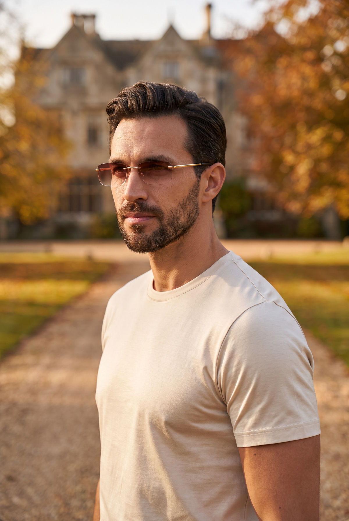 Astos Eyewear Brown Gradient zwarte poten - lifestyle op landgoed in de herfst