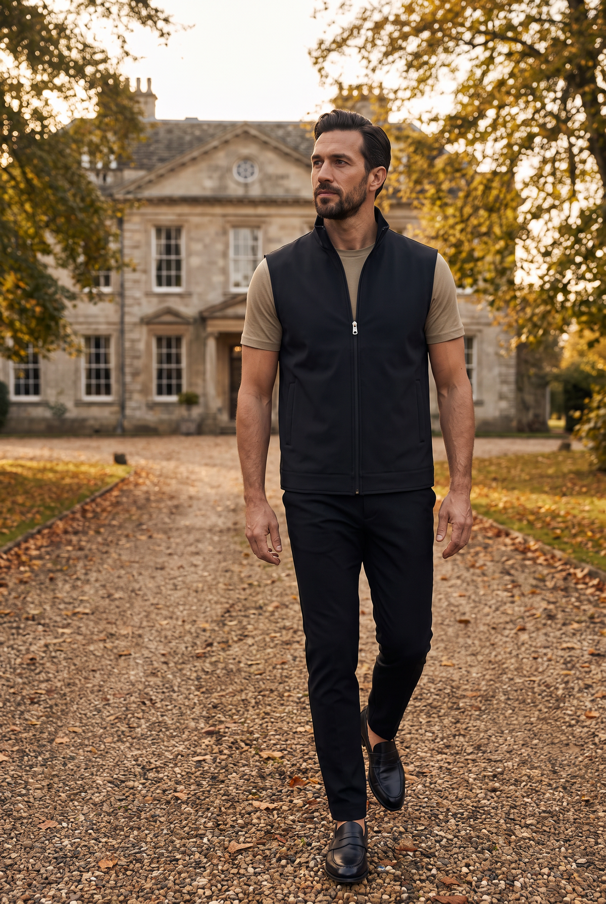 Tweezijdige bodywarmer zwart - lifestyle op herfstig landgoed