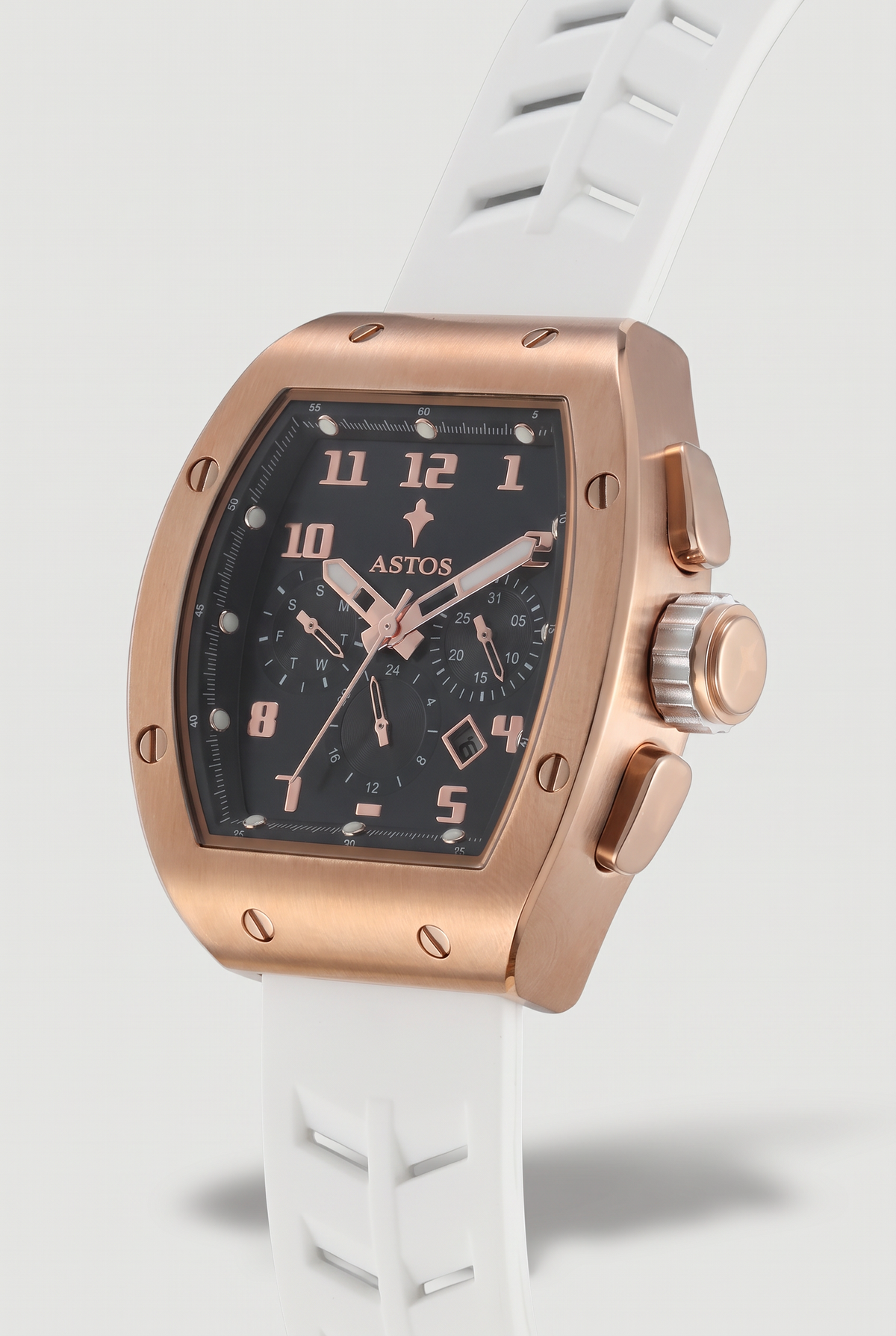 Astos Millionaire 2.0 Rose Gold met witte band, driekwart zijaanzicht met kroon en drukknoppen