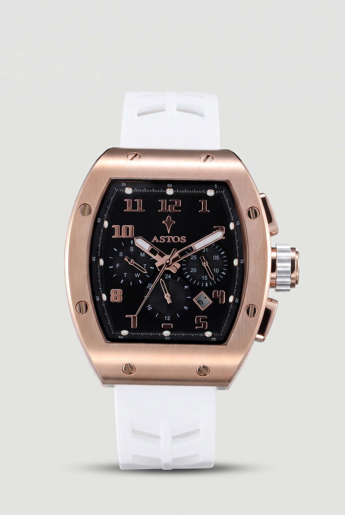 Astos Millionaire 2.0 Rose Gold chronograaf met witte rubberen band, zwarte wijzerplaat, vooraanzicht
