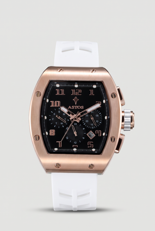 Astos Millionaire 2.0 Rose Gold chronograaf met witte rubberen band, zwarte wijzerplaat, vooraanzicht