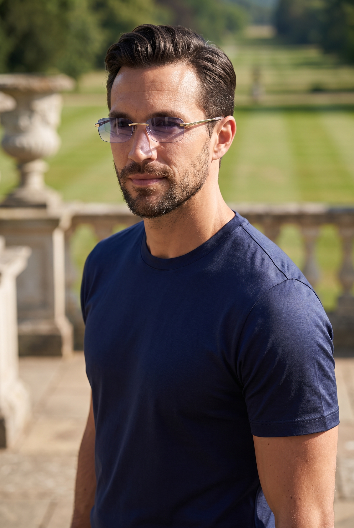 Astos Eyewear Light Blue Gradient - lifestyle op het terras van een landhuis