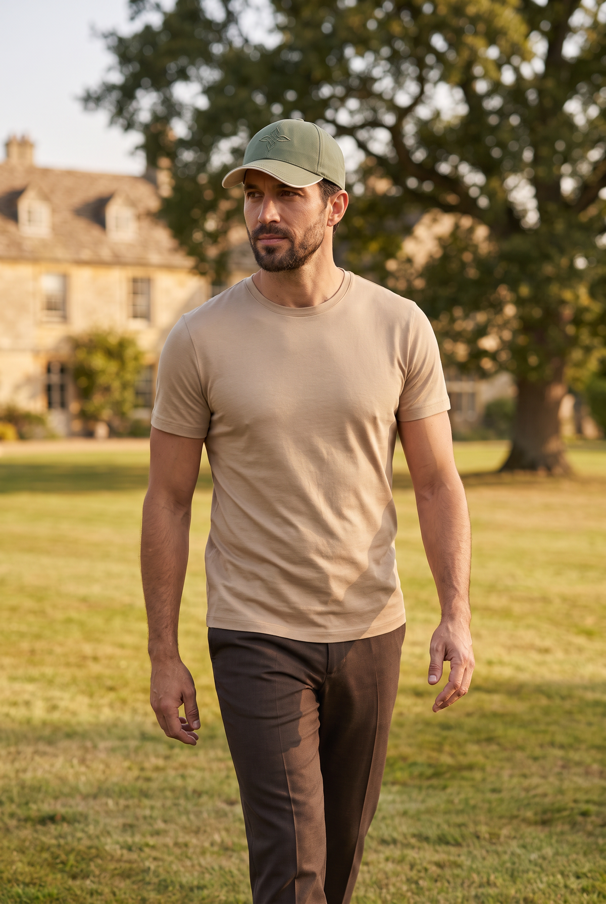 Baseball cap groen, lifestyle op een landgoed