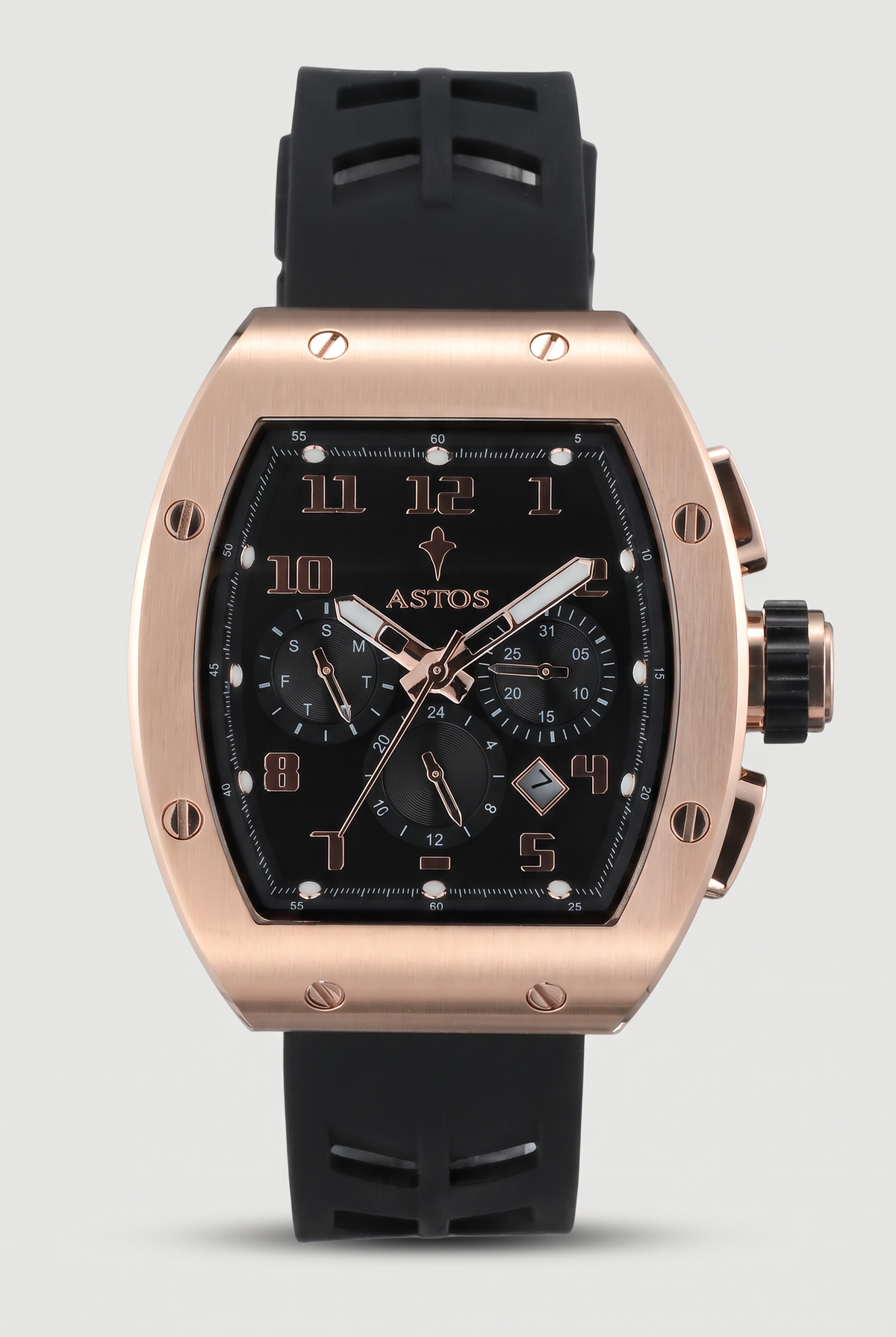 Astos Millionaire 2.0 Rose Gold chronograaf met zwarte rubberen band, zwarte wijzerplaat, vooraanzicht