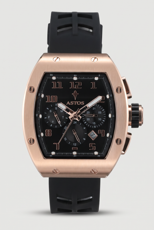 Astos Millionaire 2.0 Rose Gold chronograaf met zwarte rubberen band, zwarte wijzerplaat, vooraanzicht