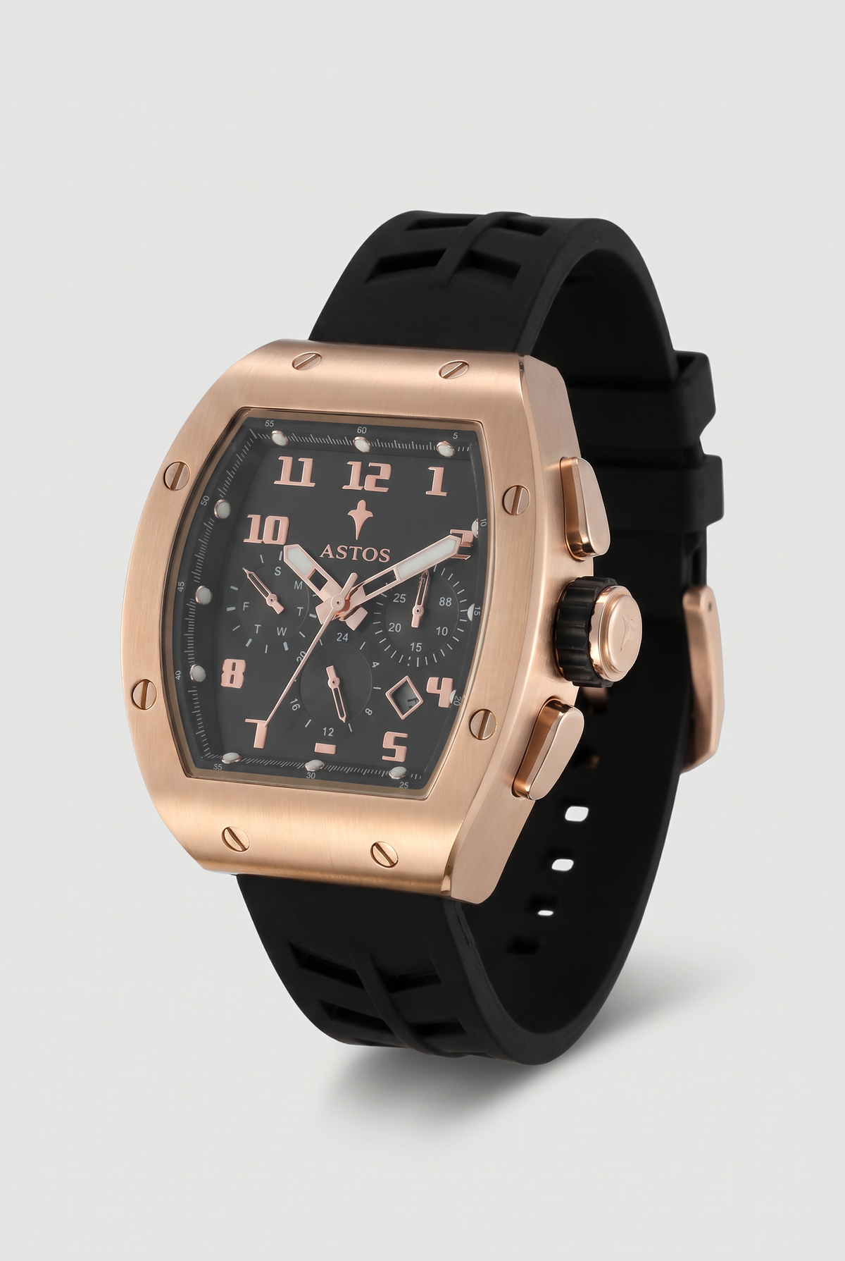Astos Millionaire 2.0 Rose Gold, driekwart zijaanzicht met kroon en drukknoppen