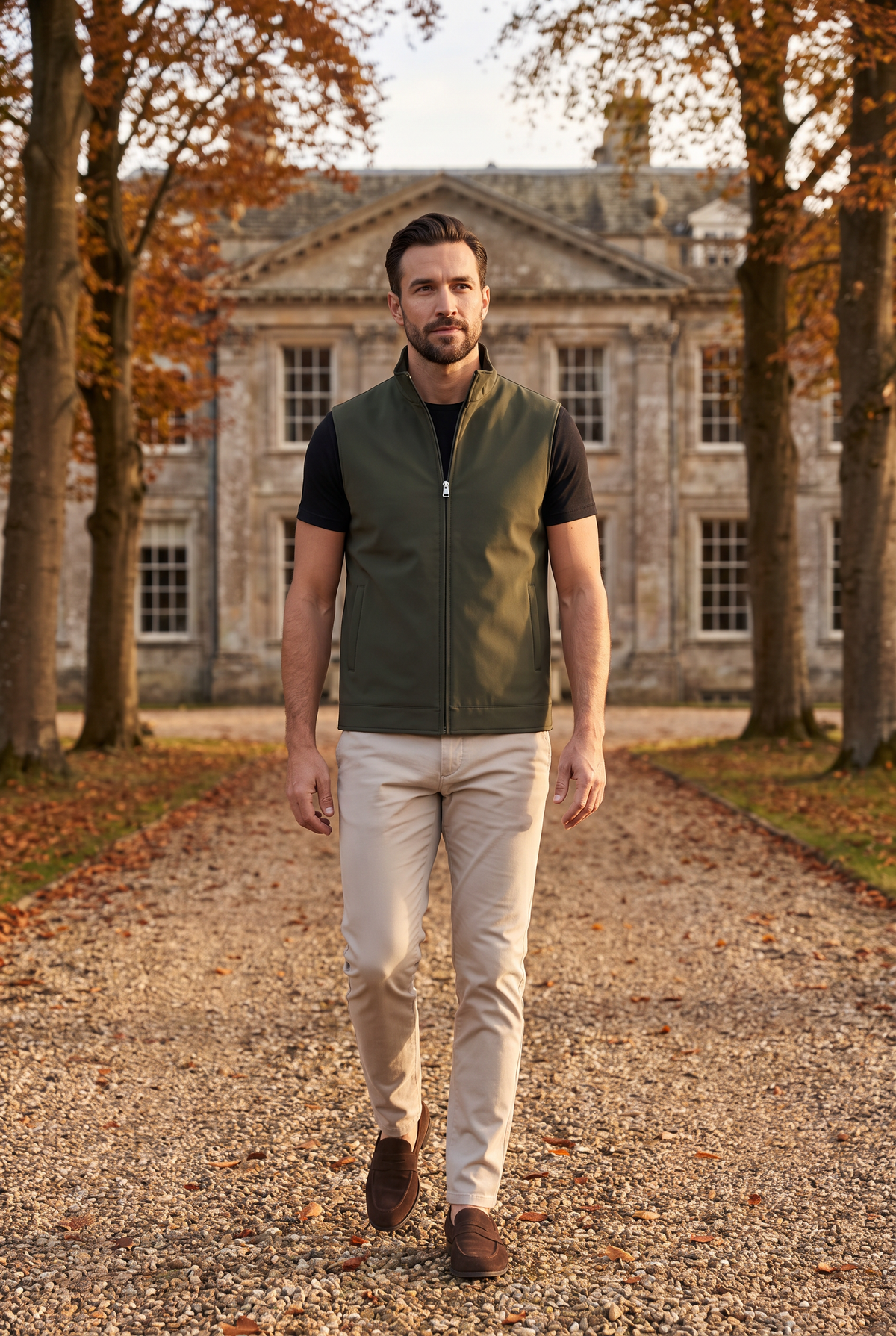 Tweezijdige bodywarmer groen - lifestyle op herfstig landgoed