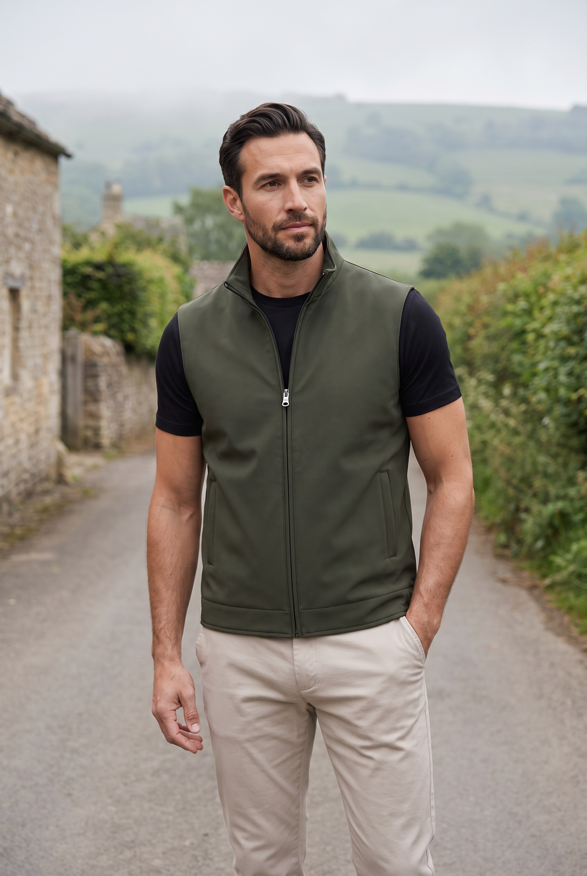 Tweezijdige bodywarmer groen - lifestyle op het platteland