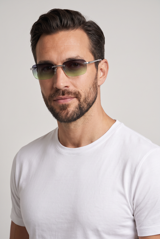 Eyewear Green Silver zonnebril - gedragen door model, studio