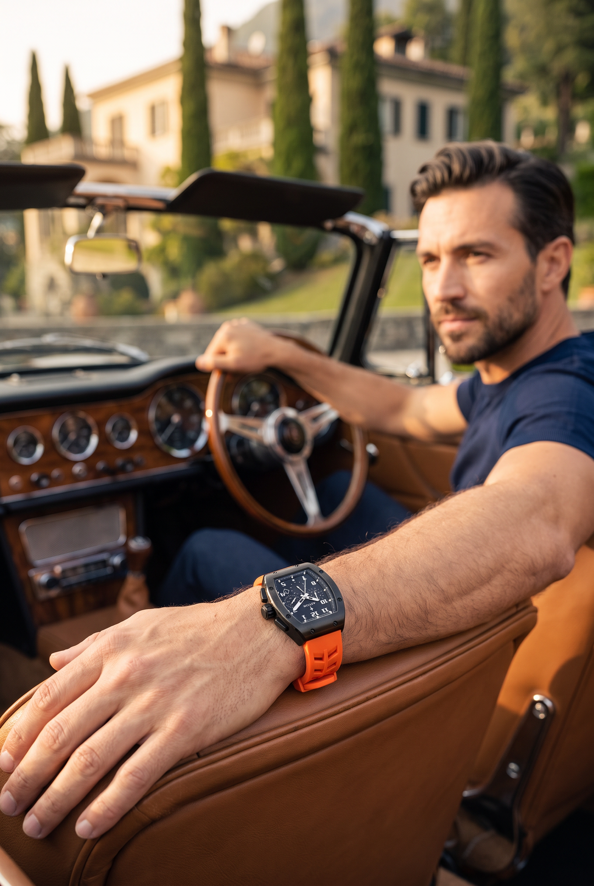 Astos Millionaire 2.0 Black met oranje band lifestyle, in een klassieke oldtimer bij het Comomeer