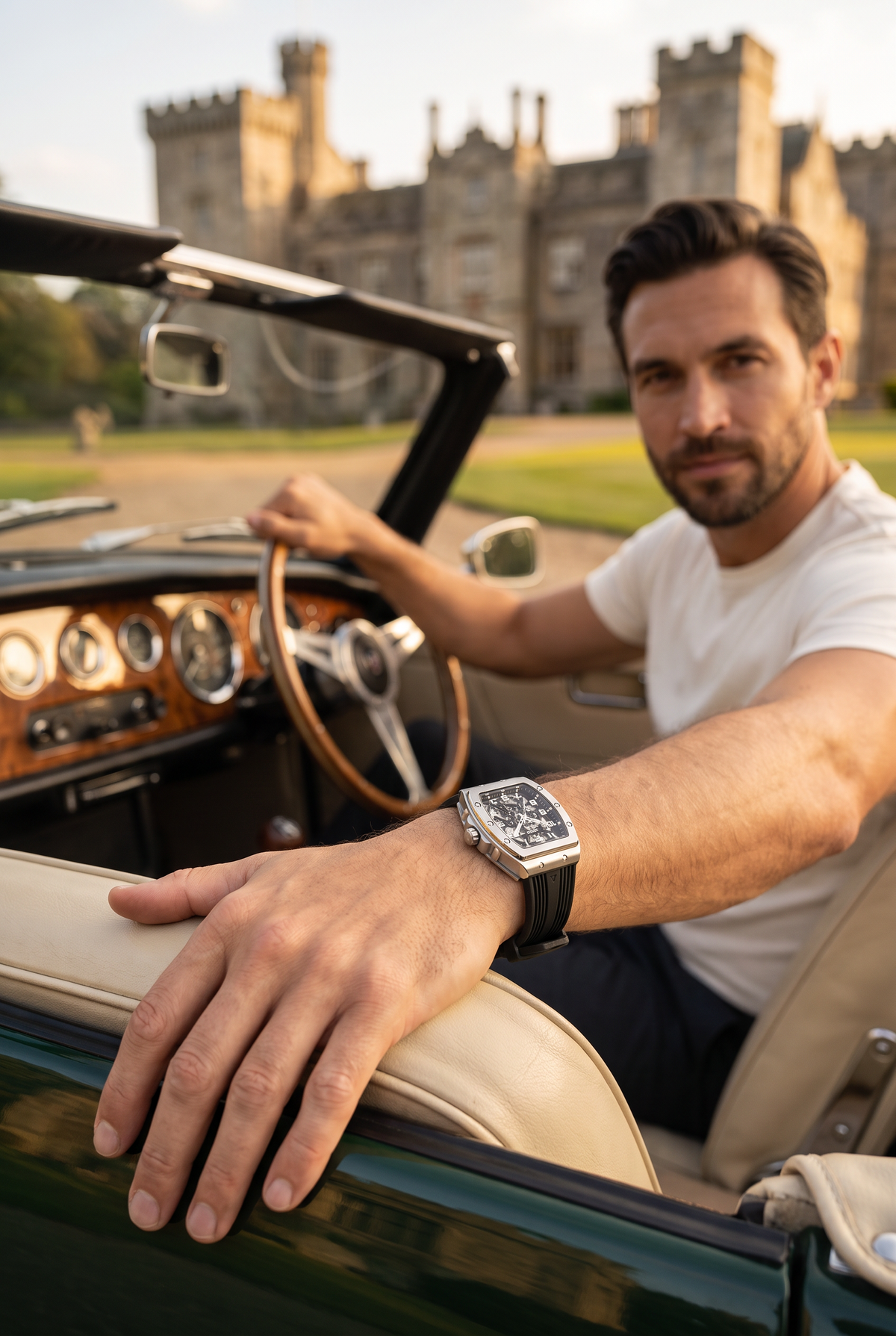 Astos Millionaire Silver lifestyle, in een klassieke oldtimer voor een kasteel